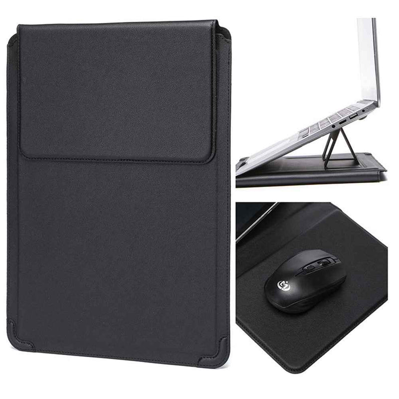 12-13.3 inch Laptop Case PU Leather Ultra-Slim Folding Stand Notebook Carrying Bag - Black