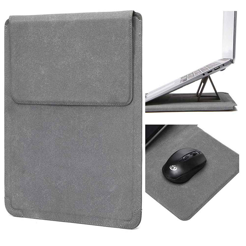 15-16 inch Laptop Sleeve Case PU Leather Ultra Thin Carrying Bag with Folding Stand - Matte Grey
