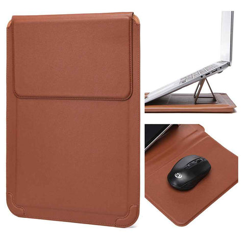 15-16 inch Laptop Sleeve Case PU Leather Ultra Thin Carrying Bag with Folding Stand - Yellowish Brown