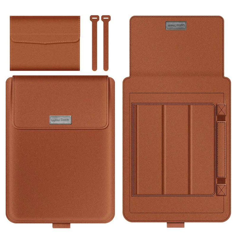 16-17 inch Laptop Sleeve Bag PU Leather Notebook Carrying Pouch with Mouse Bag and Cable Bundle Straps - Camel