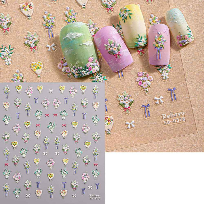 Summer Floral Butterfly Nail Art Stickers Self Adhesive 5D Embossed Manicure Decals - 5D-0378