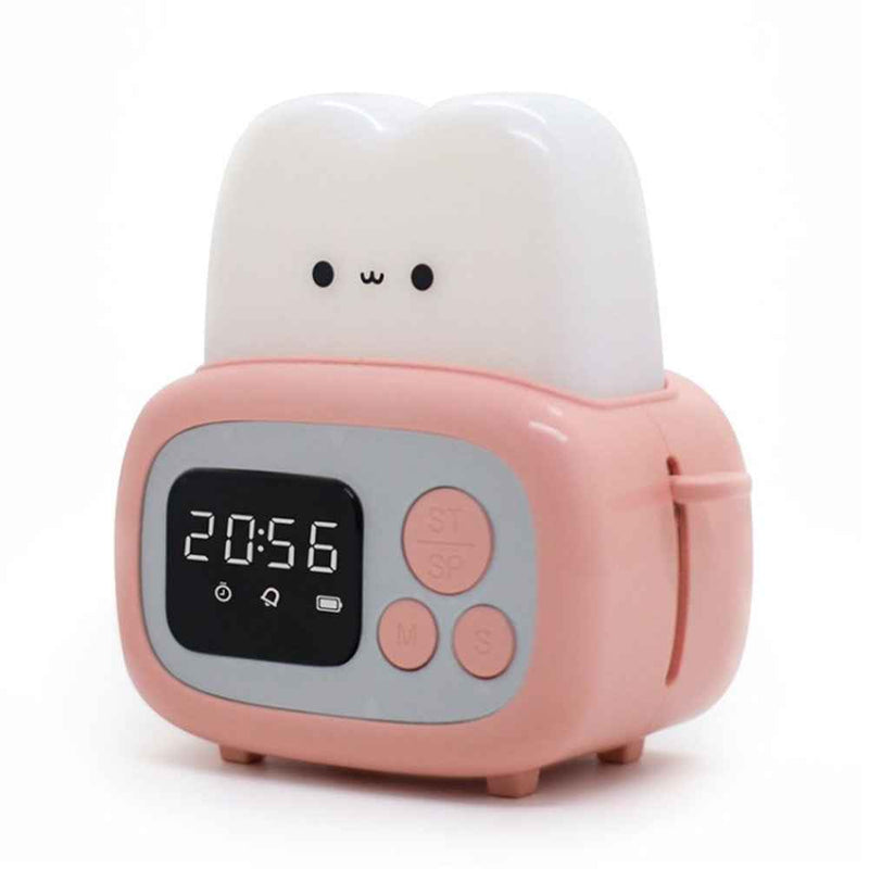MW-NZ-05 Cartoon Toaster Night Lamp Rechargeable Table Clock Alarm Timer - Pink