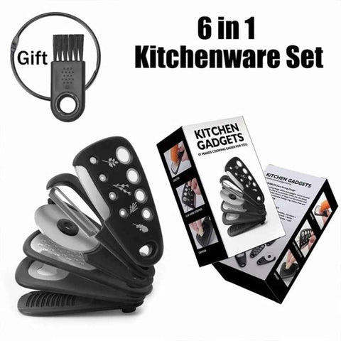 6-in-1 Roller Pizza Cutter Can Opener Garlic Masher Peeler Kitchen Gadget Set (BPA Free, No FDA)