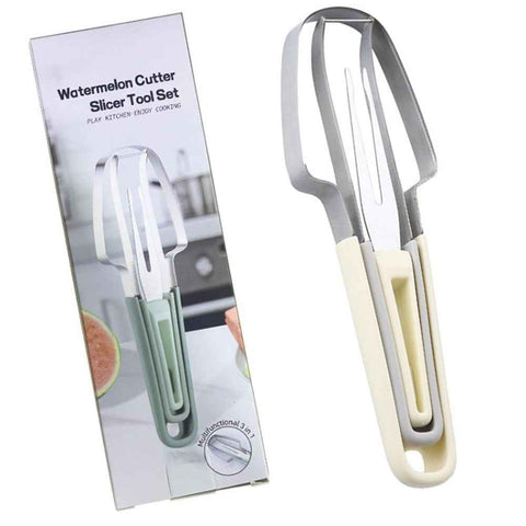 Stainless Steel 3-in-1 Watermelon Cutter Slicer Fork Tool Set Kitchen Gadget (BPA Free, No FDA) - Beige