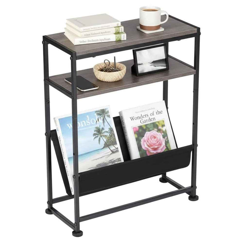 DULCII Metal Frame Wooden Magazine Organizer Table with Fabric Pocket for Home Office, 40 x 16.7 x 55cm - Grey Green