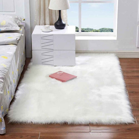 Soft Faux Fur Rug Fluffy Rectangle Shape Sheepskin Fur Carpet Rug for Nursery Room, Bedroom, Luxury Home Decor - White/300x300mm