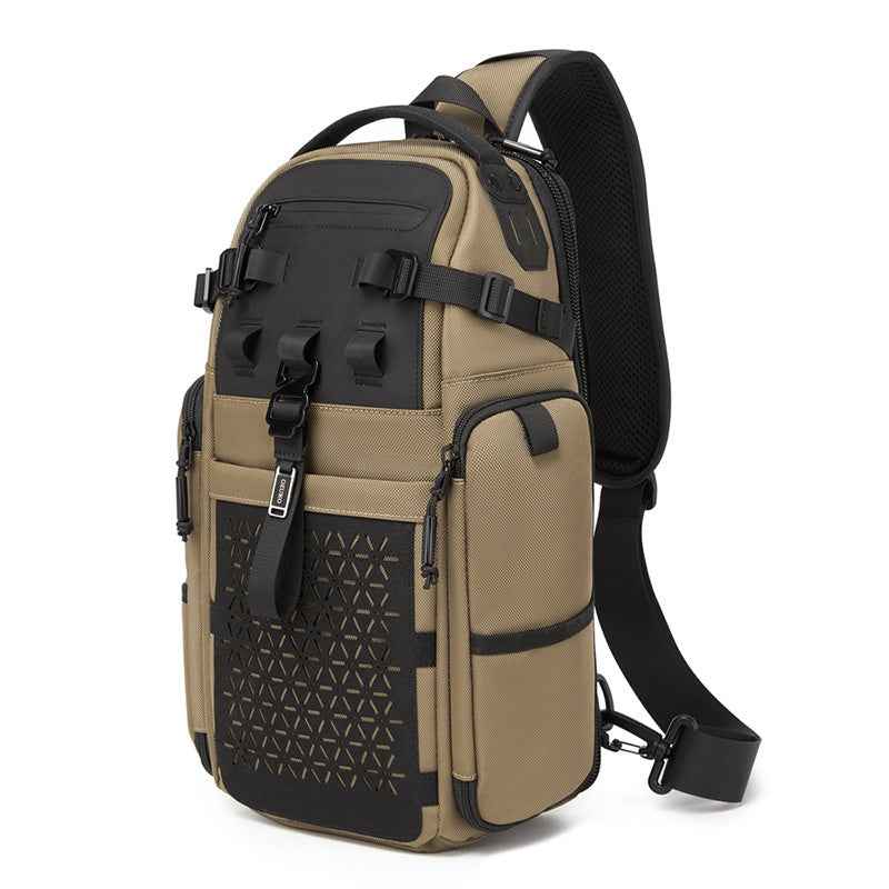 OZUKO 9844 Tactical Chest Bag Waterproof Oxford Cloth Geometric Design Crossbody Bag for Outdoor Sports - Brown