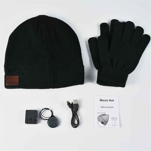 Bluetooth-compatible Headphones Winter Hat Warm Music Hat with Mic Gloves Wireless Headphone - Black