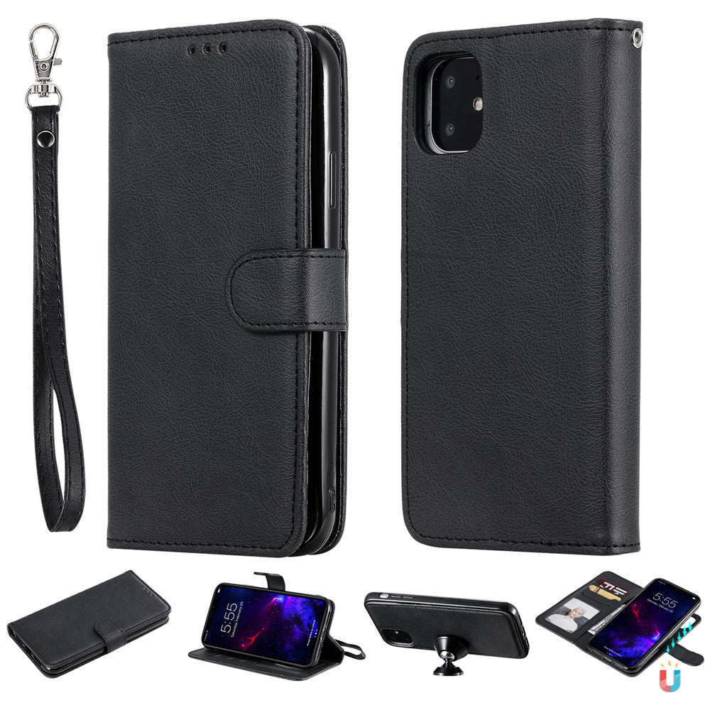 For-iPhone-11-Case-2-in-1-Detachable-Magnetic-Leather-Wallet-Mobile-Cover-with-Strap-Black
