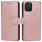Mandala-Flower-Imprinted-PU-Leather-Magnetic-Wallet-Case-TPU-Inner-Flip-Folio-Stand-Cover-with-Strap-for-iPhone-12-/-12-Pro-6.1-inch-Rose-Gold