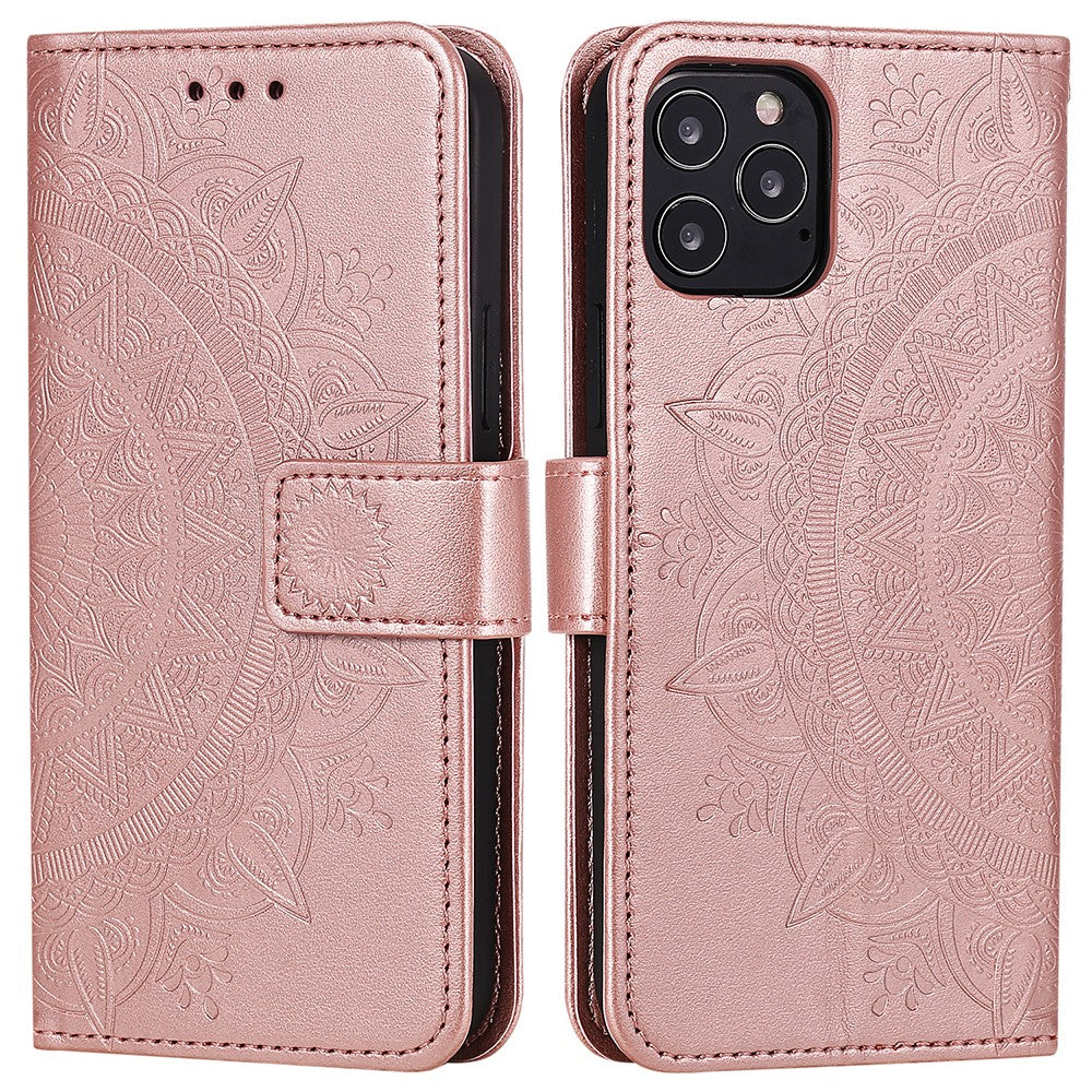Mandala-Flower-Imprinted-PU-Leather-Magnetic-Wallet-Case-TPU-Inner-Flip-Folio-Stand-Cover-with-Strap-for-iPhone-12-/-12-Pro-6.1-inch-Rose-Gold