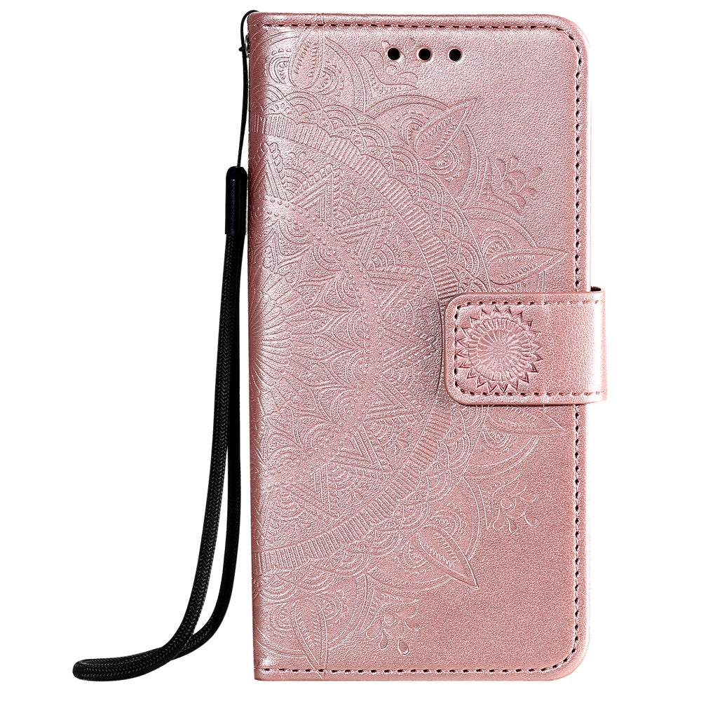 Mandala-Flower-Imprinted-PU-Leather-Magnetic-Wallet-Case-TPU-Inner-Flip-Folio-Stand-Cover-with-Strap-for-iPhone-12-/-12-Pro-6.1-inch-Rose-Gold