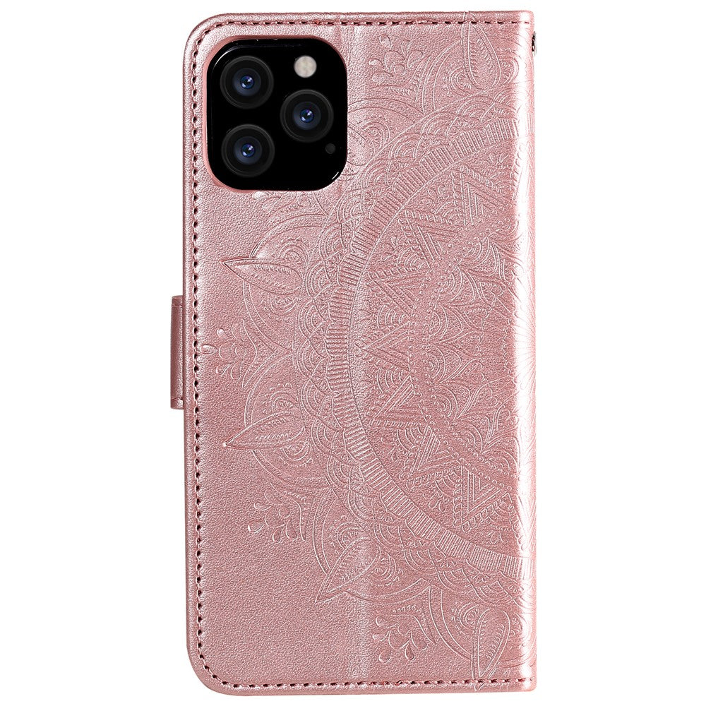 Mandala-Flower-Imprinted-PU-Leather-Magnetic-Wallet-Case-TPU-Inner-Flip-Folio-Stand-Cover-with-Strap-for-iPhone-12-/-12-Pro-6.1-inch-Rose-Gold