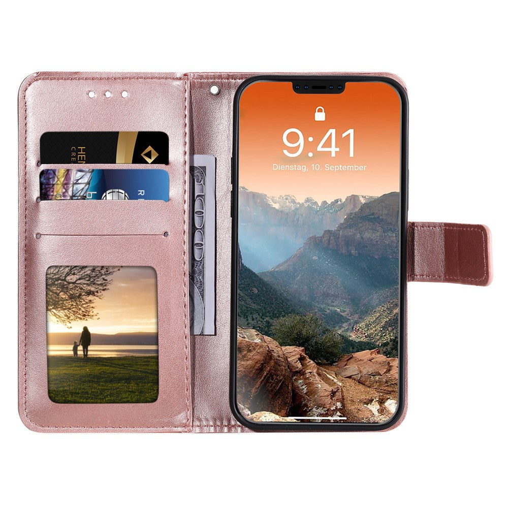 Mandala-Flower-Imprinted-PU-Leather-Magnetic-Wallet-Case-TPU-Inner-Flip-Folio-Stand-Cover-with-Strap-for-iPhone-12-/-12-Pro-6.1-inch-Rose-Gold
