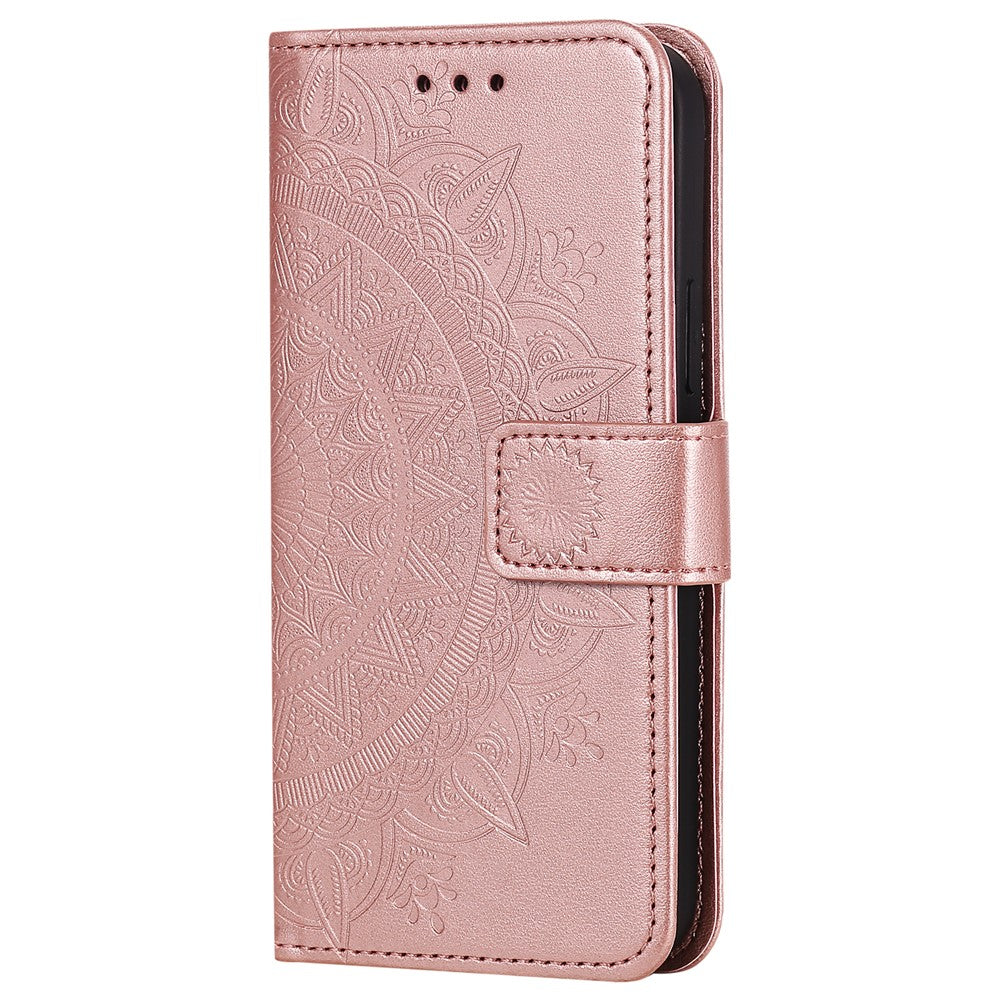 Mandala-Flower-Imprinted-PU-Leather-Magnetic-Wallet-Case-TPU-Inner-Flip-Folio-Stand-Cover-with-Strap-for-iPhone-12-/-12-Pro-6.1-inch-Rose-Gold