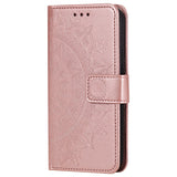 Mandala-Flower-Imprinted-PU-Leather-Magnetic-Wallet-Case-TPU-Inner-Flip-Folio-Stand-Cover-with-Strap-for-iPhone-12-/-12-Pro-6.1-inch-Rose-Gold
