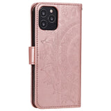 Mandala-Flower-Imprinted-PU-Leather-Magnetic-Wallet-Case-TPU-Inner-Flip-Folio-Stand-Cover-with-Strap-for-iPhone-12-/-12-Pro-6.1-inch-Rose-Gold