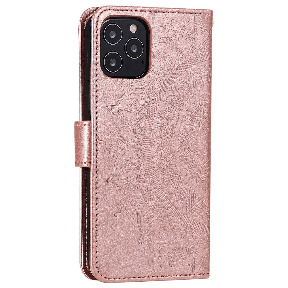 Mandala-Flower-Imprinted-PU-Leather-Magnetic-Wallet-Case-TPU-Inner-Flip-Folio-Stand-Cover-with-Strap-for-iPhone-12-/-12-Pro-6.1-inch-Rose-Gold