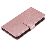 Mandala-Flower-Imprinted-PU-Leather-Magnetic-Wallet-Case-TPU-Inner-Flip-Folio-Stand-Cover-with-Strap-for-iPhone-12-/-12-Pro-6.1-inch-Rose-Gold