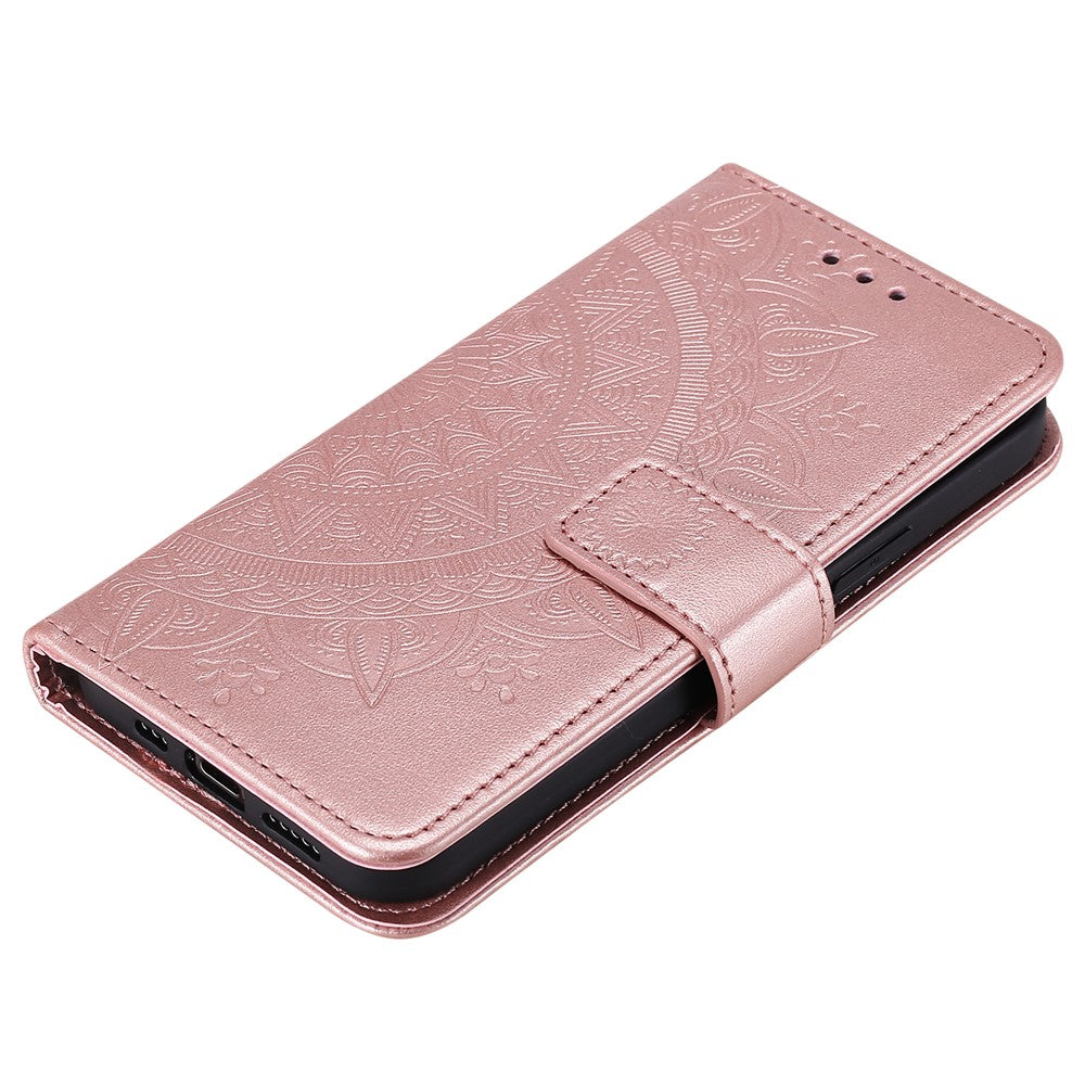 Mandala-Flower-Imprinted-PU-Leather-Magnetic-Wallet-Case-TPU-Inner-Flip-Folio-Stand-Cover-with-Strap-for-iPhone-12-/-12-Pro-6.1-inch-Rose-Gold