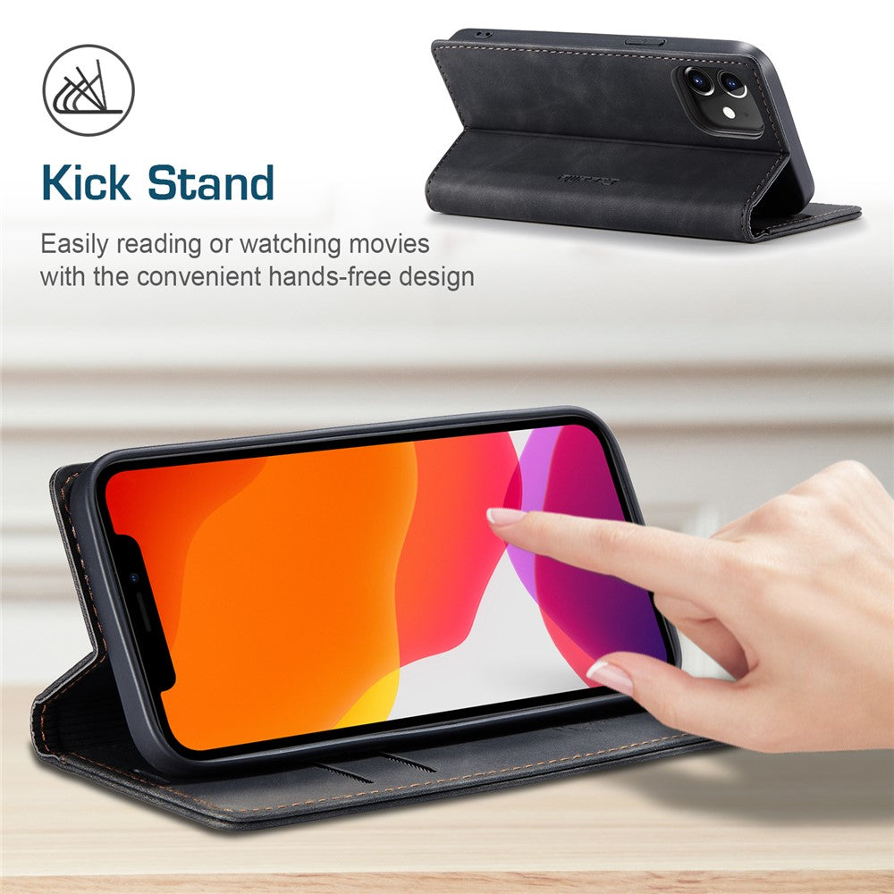 CASEME-013-Series-For-iPhone-12-Pro-/-12-Auto-Absorbed-Leather-Stand-Cover-Flip-Shell-with-Wallet-Black