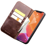 QIALINO-For-iPhone-12/12-Pro-Genuine-Cow-Leather-Wallet-Case-Folio-Book-Stand-Flip-Phone-Cover-Brown