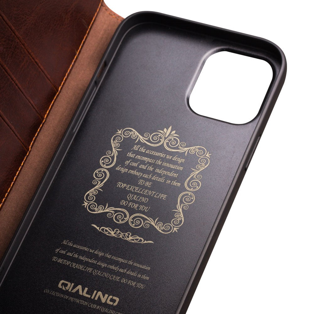 QIALINO-For-iPhone-12/12-Pro-Genuine-Cow-Leather-Wallet-Case-Folio-Book-Stand-Flip-Phone-Cover-Brown