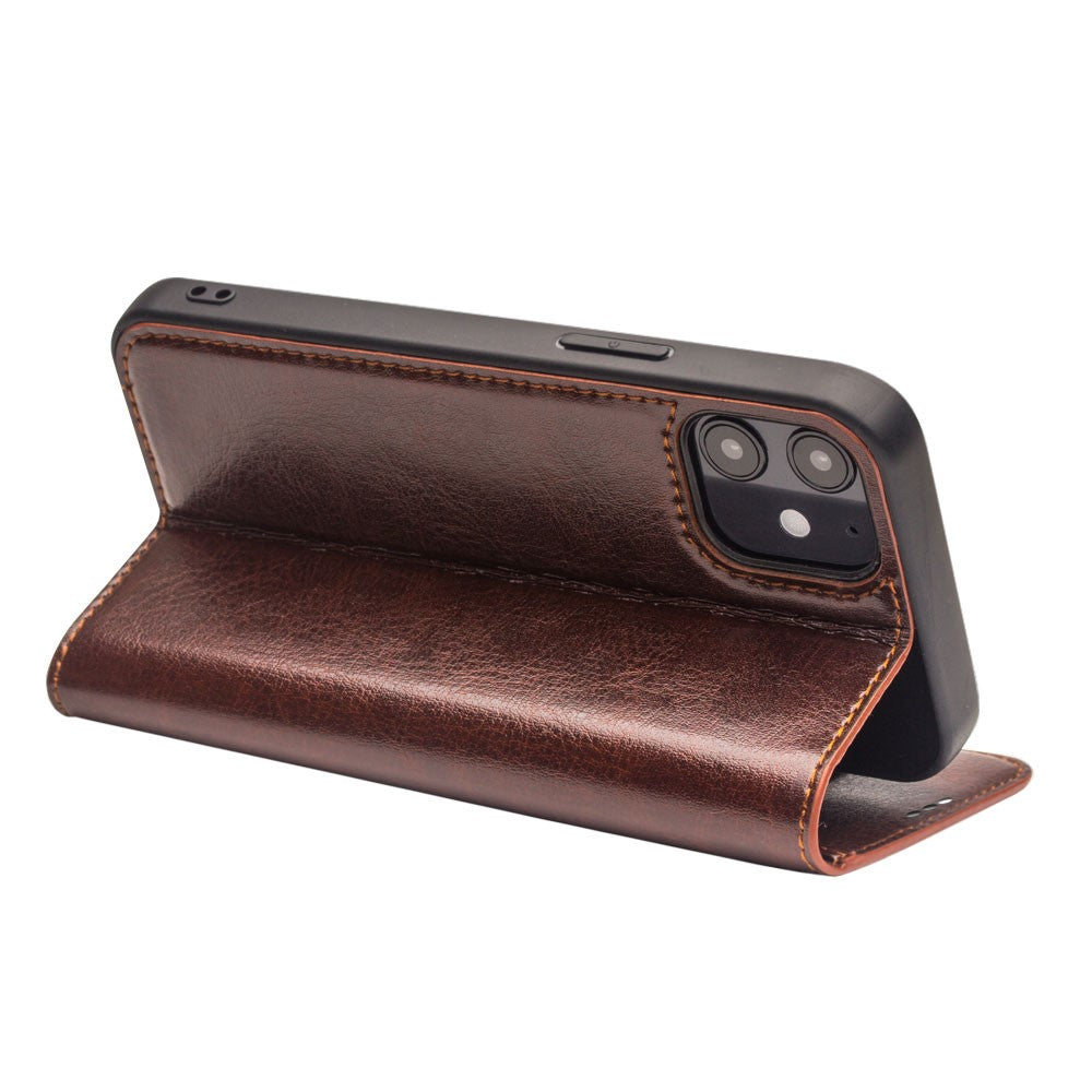 QIALINO-For-iPhone-12/12-Pro-Genuine-Cow-Leather-Wallet-Case-Folio-Book-Stand-Flip-Phone-Cover-Brown