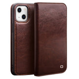 QIALINO-For-iPhone-13-mini-5.4-inch-Top-Layer-Cowhide-Leather-All-round-Protection-Phone-Case-Stand-Shell-with-Wallet-Brown