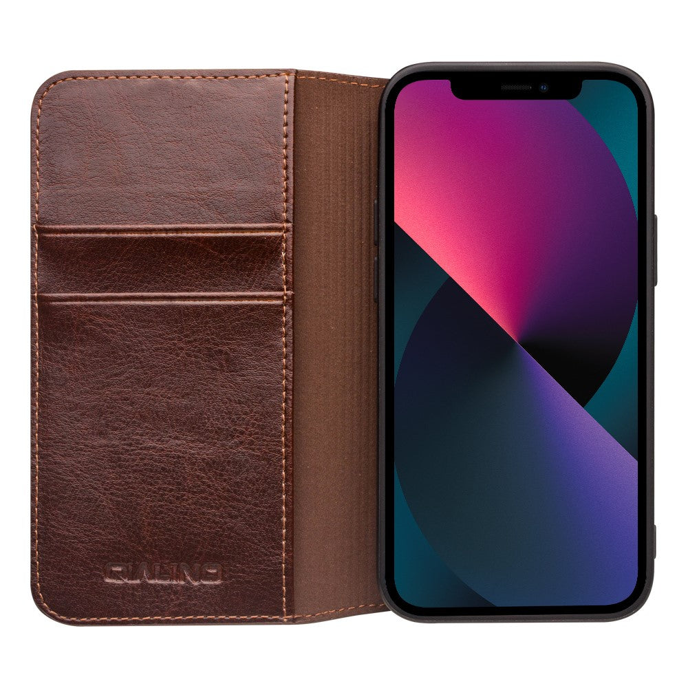 QIALINO-For-iPhone-13-mini-5.4-inch-Top-Layer-Cowhide-Leather-All-round-Protection-Phone-Case-Stand-Shell-with-Wallet-Brown