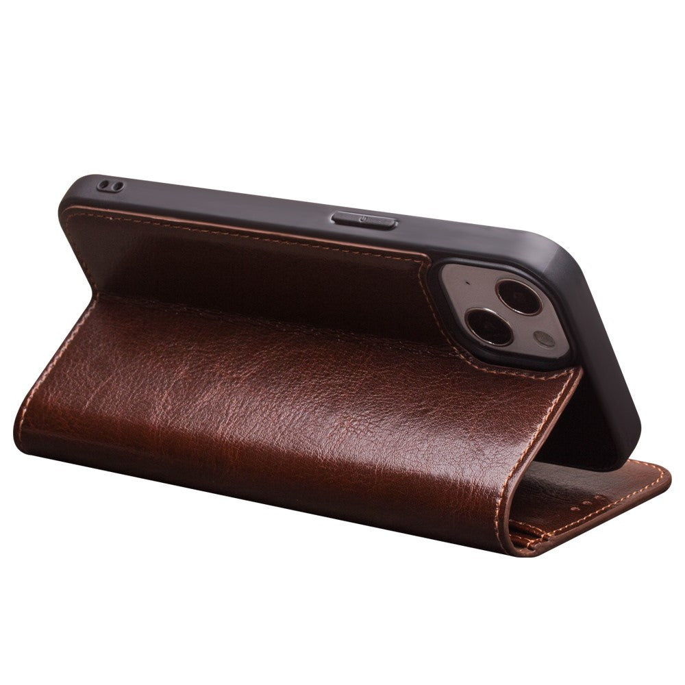 QIALINO-For-iPhone-13-mini-5.4-inch-Top-Layer-Cowhide-Leather-All-round-Protection-Phone-Case-Stand-Shell-with-Wallet-Brown