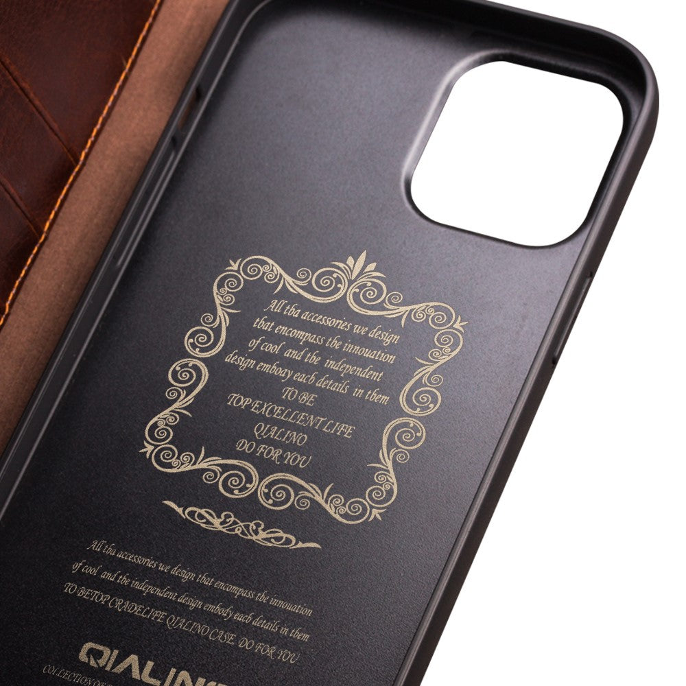 QIALINO-For-iPhone-13-mini-5.4-inch-Top-Layer-Cowhide-Leather-All-round-Protection-Phone-Case-Stand-Shell-with-Wallet-Brown