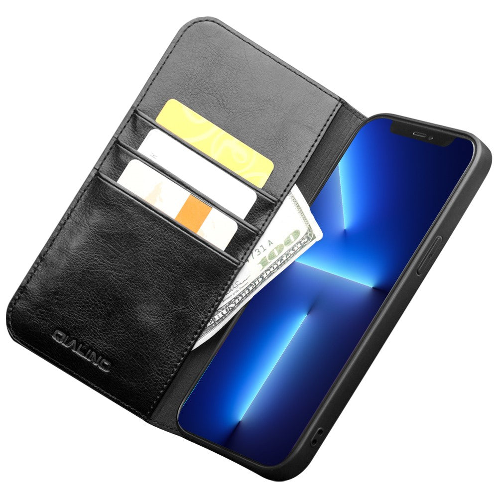 QIALINO-Top-Layer-Cowhide-Leather-Stand-Wallet-Cell-Phone-Cover-Protector-for-iPhone-13-Pro-Max-6.7-inch-Black