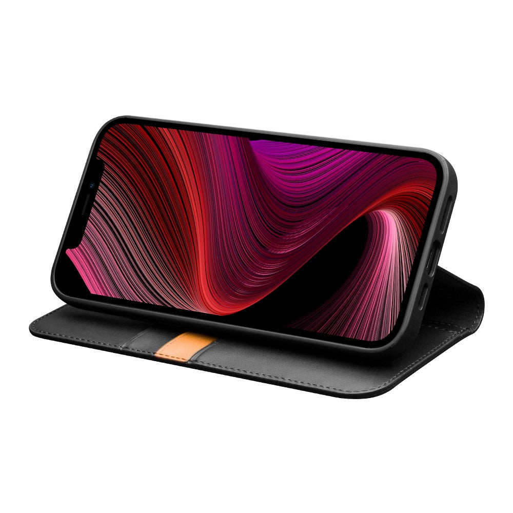 QIALINO-Top-Layer-Cowhide-Leather-All-Round-Protection-Wallet-Design-Phone-Cover-with-Stand-for-iPhone-13-6.1-inch-Black