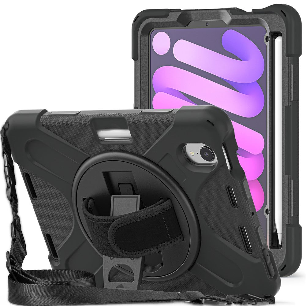 For-iPad-mini-(2024)-/-mini-(2021)-Hand-Band-Design-Hybrid-Tablet-Cover-360°-Swivel-Kickstand-Case-with-Shoulder-Strap-Black-/-Black