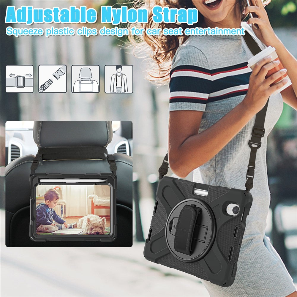 For-iPad-mini-(2024)-/-mini-(2021)-Hand-Band-Design-Hybrid-Tablet-Cover-360°-Swivel-Kickstand-Case-with-Shoulder-Strap-Black-/-Black