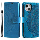 For-iPhone-14-6.1-inch-Imprinted-Mandala-Flower-Pattern-Folding-Stand-PU-Leather-Case-Magnetic-Clasp-Wallet-Flip-Cover-with-Strap-Blue