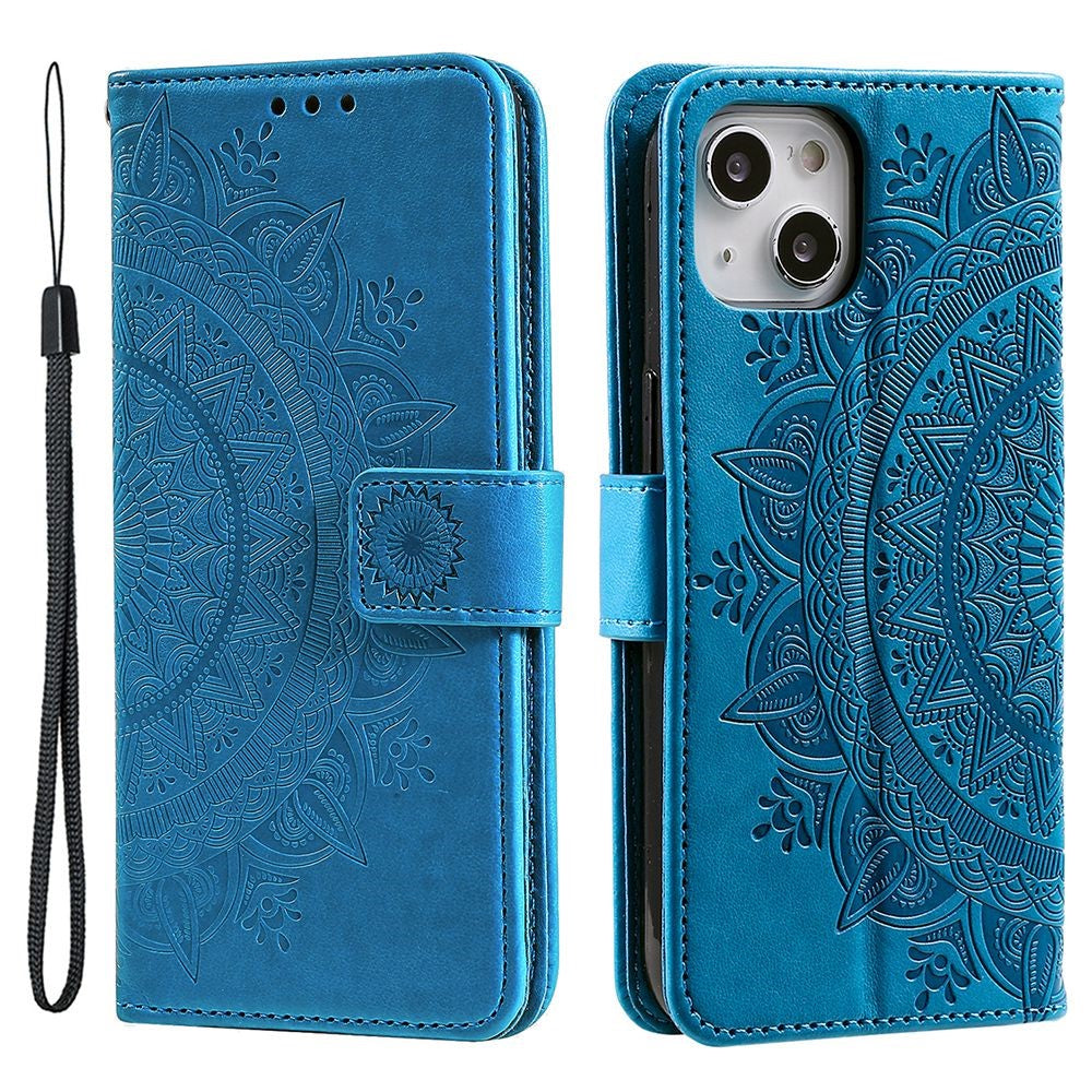 For-iPhone-14-6.1-inch-Imprinted-Mandala-Flower-Pattern-Folding-Stand-PU-Leather-Case-Magnetic-Clasp-Wallet-Flip-Cover-with-Strap-Blue