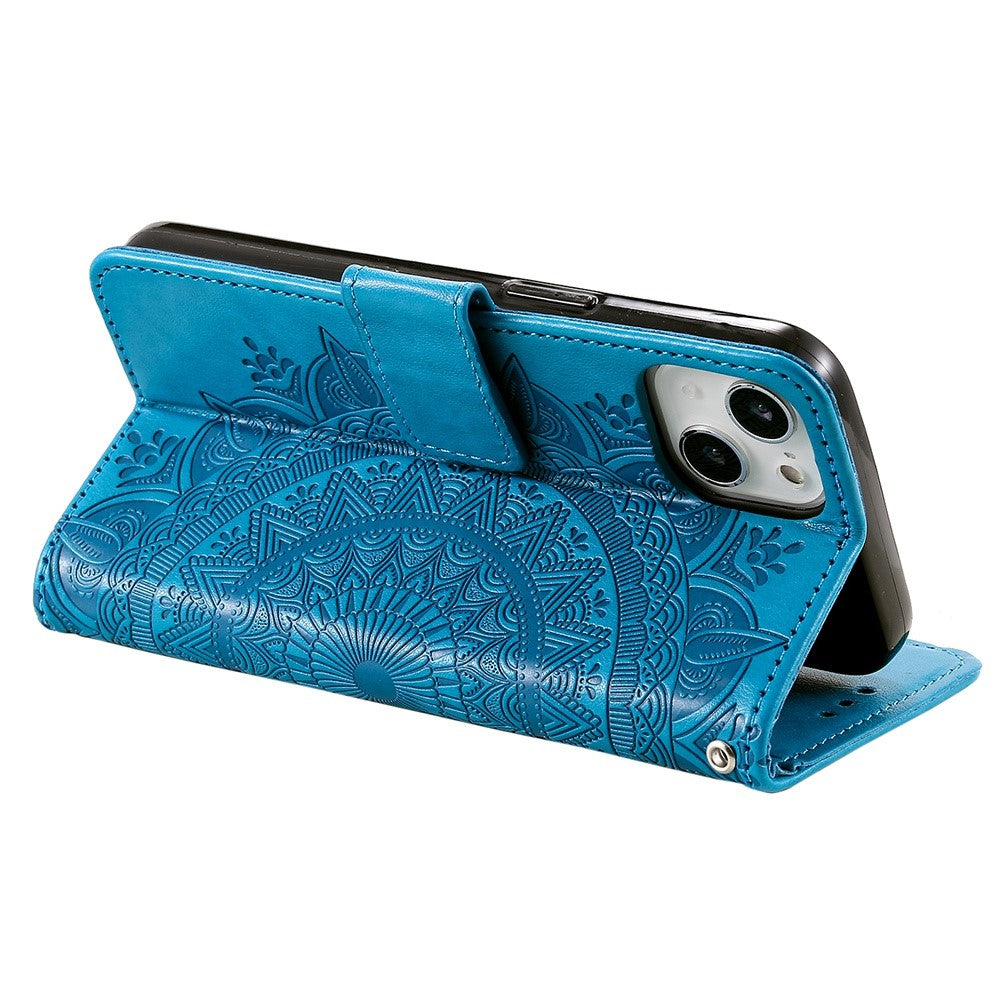 For-iPhone-14-6.1-inch-Imprinted-Mandala-Flower-Pattern-Folding-Stand-PU-Leather-Case-Magnetic-Clasp-Wallet-Flip-Cover-with-Strap-Blue