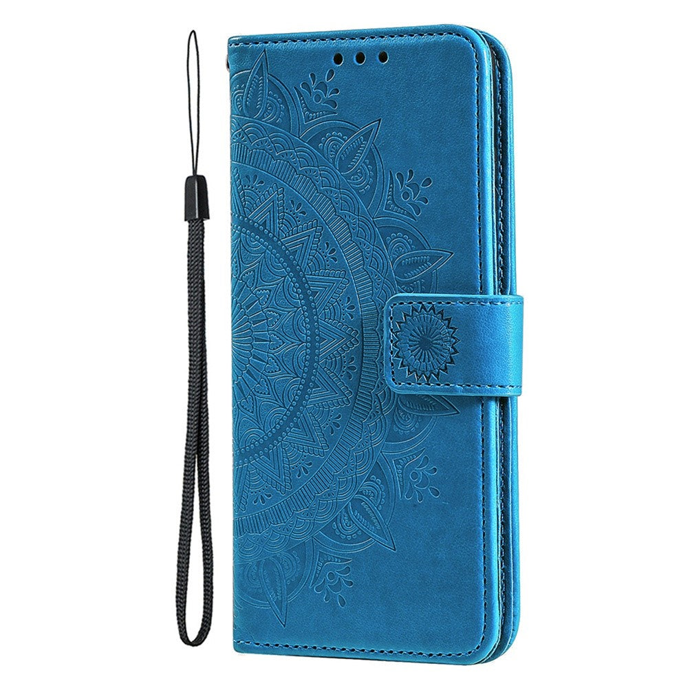 For-iPhone-14-6.1-inch-Imprinted-Mandala-Flower-Pattern-Folding-Stand-PU-Leather-Case-Magnetic-Clasp-Wallet-Flip-Cover-with-Strap-Blue