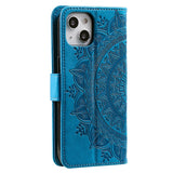 For-iPhone-14-6.1-inch-Imprinted-Mandala-Flower-Pattern-Folding-Stand-PU-Leather-Case-Magnetic-Clasp-Wallet-Flip-Cover-with-Strap-Blue
