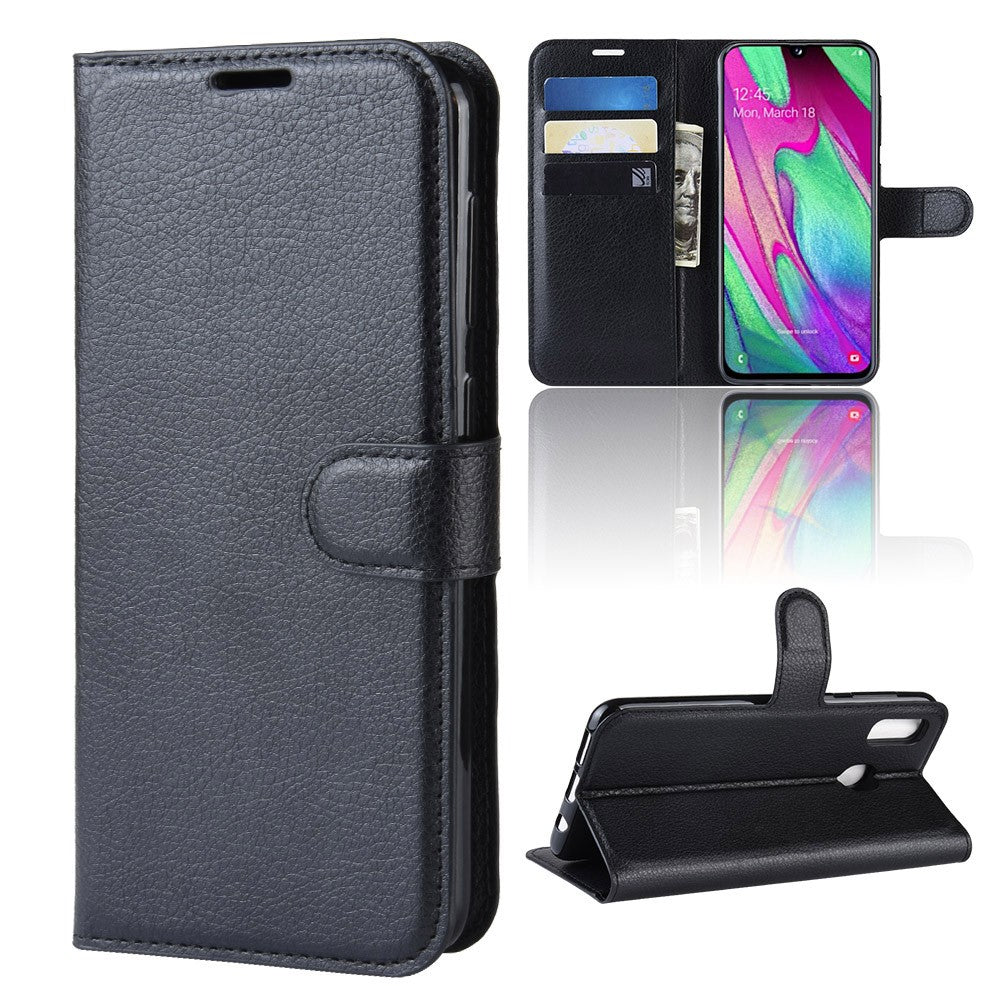 Litchi-Skin-PU-Leather-Phone-Cover-Shell-with-3-Card-Slots-for-Samsung-Galaxy-A40-Cell-Phone-Accessory-Black