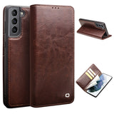 QIALINO-Wallet-Design-Genuine-Leather-Folio-Flip-Stand-Phone-Case-Cover-for-Samsung-Galaxy-S21-4G/5G-Brown