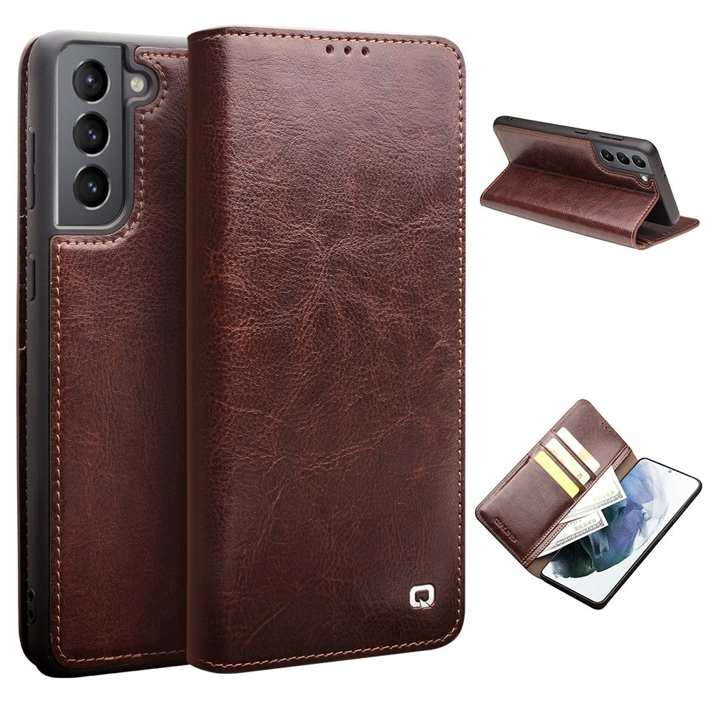 QIALINO-Wallet-Design-Genuine-Leather-Folio-Flip-Stand-Phone-Case-Cover-for-Samsung-Galaxy-S21-4G/5G-Brown