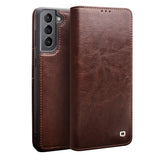 QIALINO-Wallet-Design-Genuine-Leather-Folio-Flip-Stand-Phone-Case-Cover-for-Samsung-Galaxy-S21-4G/5G-Brown