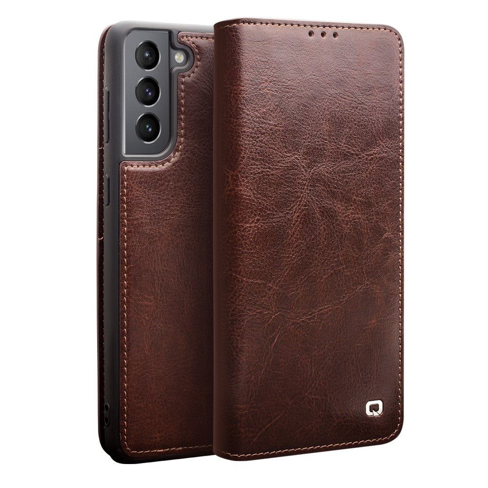 QIALINO-Wallet-Design-Genuine-Leather-Folio-Flip-Stand-Phone-Case-Cover-for-Samsung-Galaxy-S21-4G/5G-Brown
