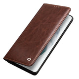 QIALINO-Wallet-Design-Genuine-Leather-Folio-Flip-Stand-Phone-Case-Cover-for-Samsung-Galaxy-S21-4G/5G-Brown
