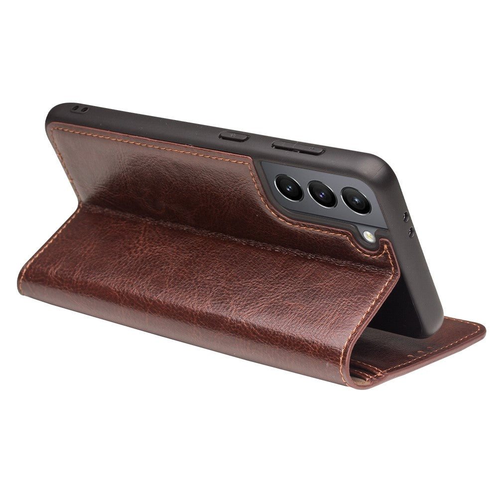 QIALINO-Wallet-Design-Genuine-Leather-Folio-Flip-Stand-Phone-Case-Cover-for-Samsung-Galaxy-S21-4G/5G-Brown