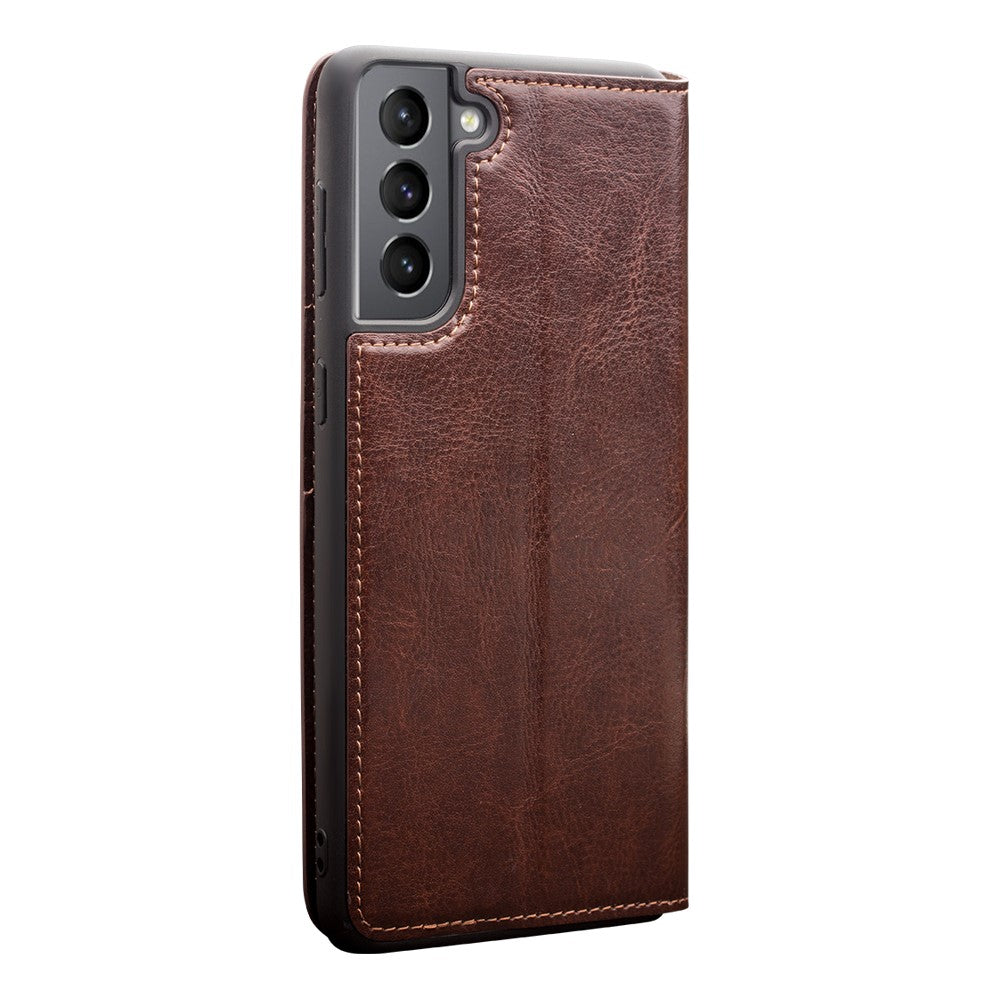 QIALINO-Wallet-Design-Genuine-Leather-Folio-Flip-Stand-Phone-Case-Cover-for-Samsung-Galaxy-S21-4G/5G-Brown