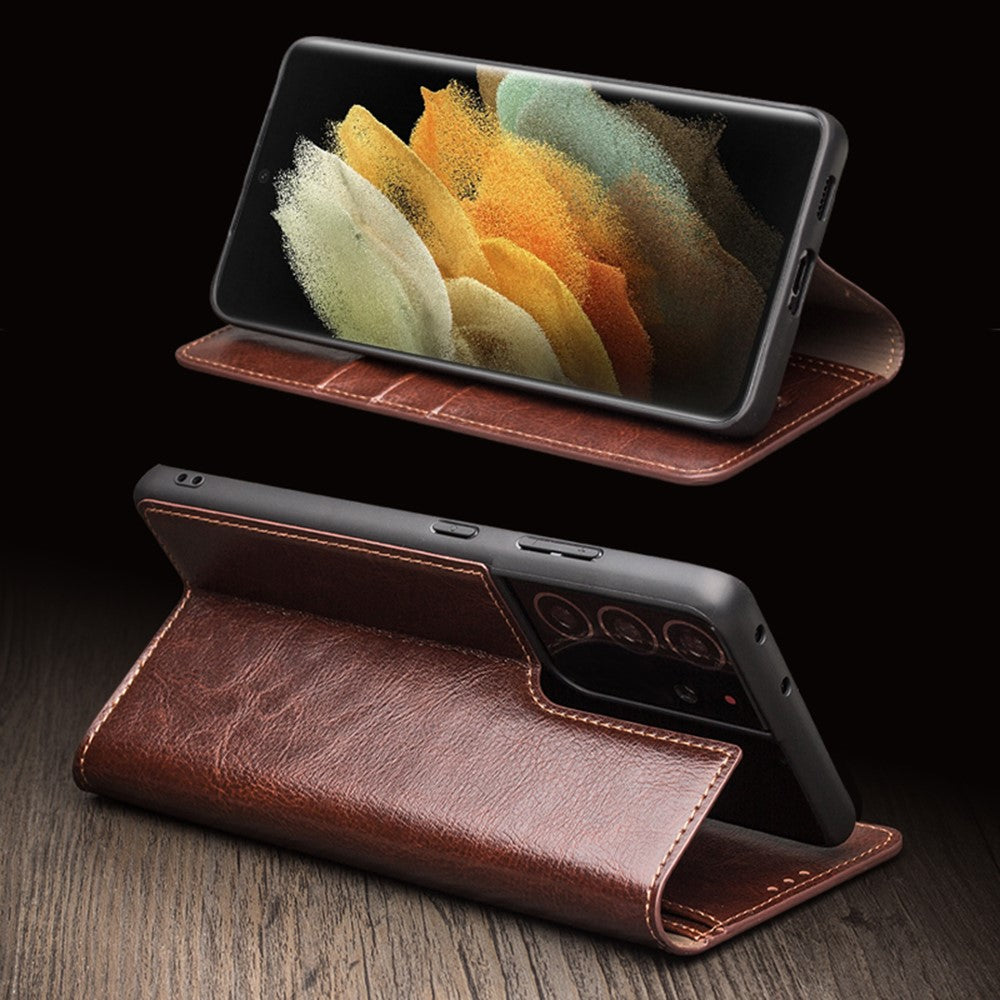 QIALINO-Wallet-Design-Genuine-Leather-Folio-Flip-Stand-Phone-Case-Cover-for-Samsung-Galaxy-S21-4G/5G-Brown